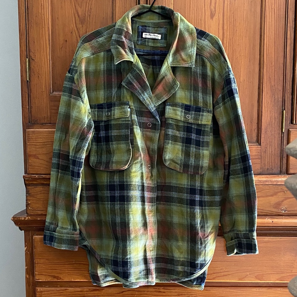 We the Free Plaid Flannel Shirt in Green and Black Snap Button